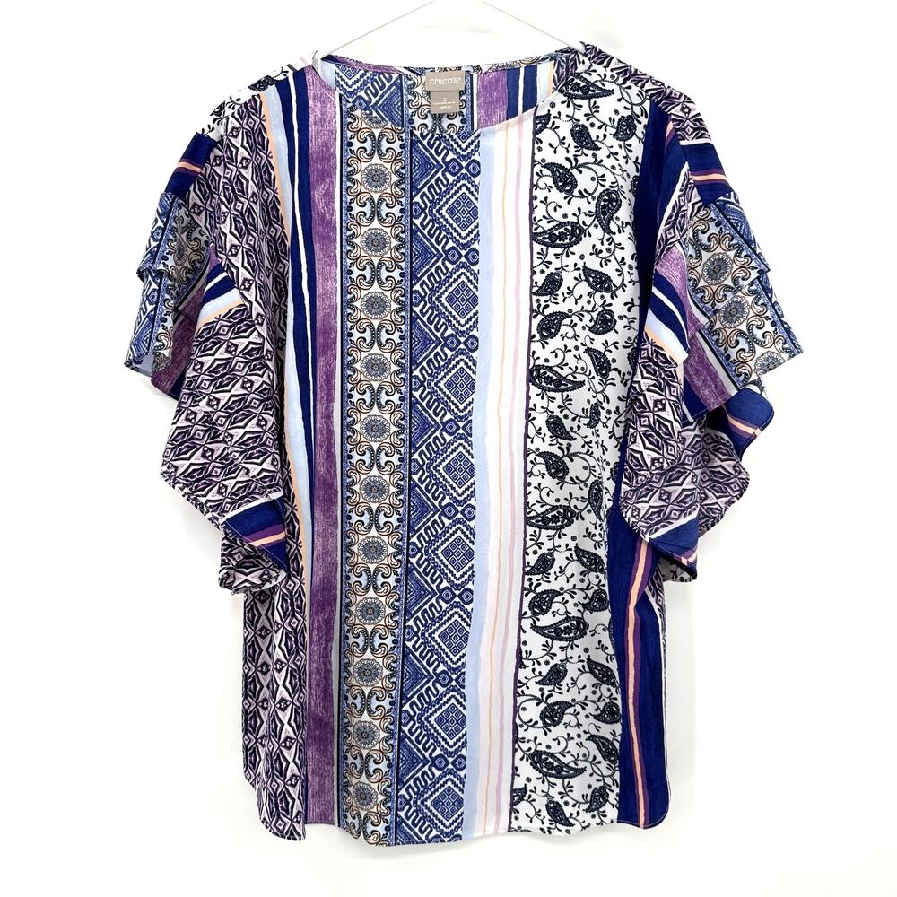 Chico's Size 2 Large 12/14 Multicolor Short Sleeve Blouse Top Shirt Purple White